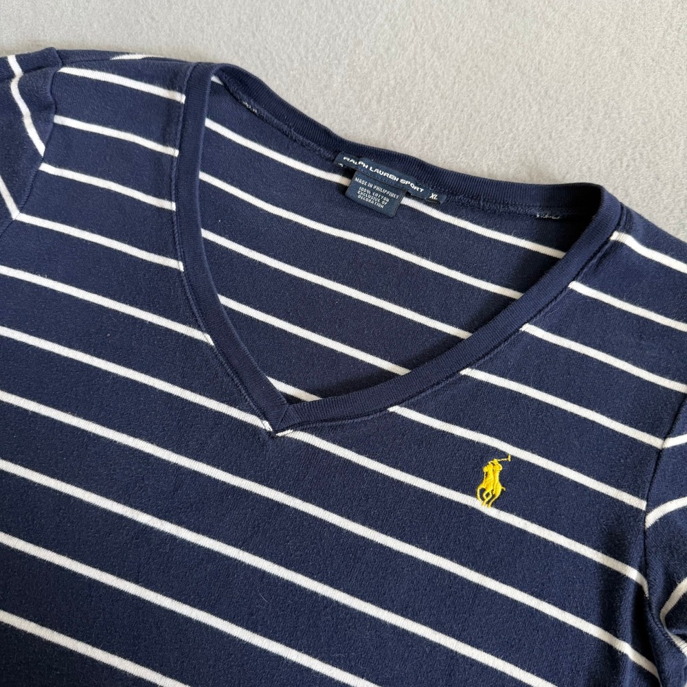 Ralph Lauren Sport Tee Womens XL Navy White Striped V-Neck Cotton